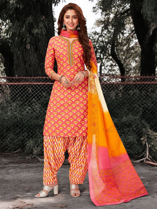 Pink Kurta, Patiala & Dupatta Set | Printed
