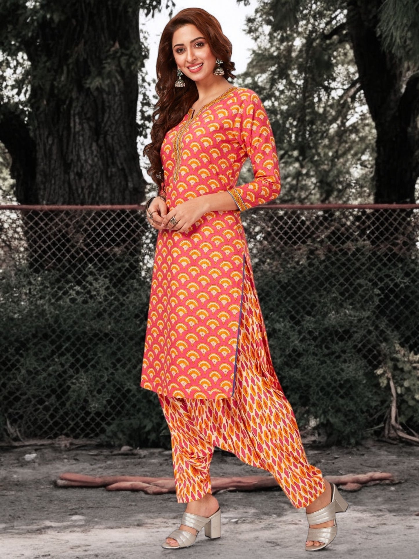 Pink Kurta, Patiala & Dupatta Set | Printed