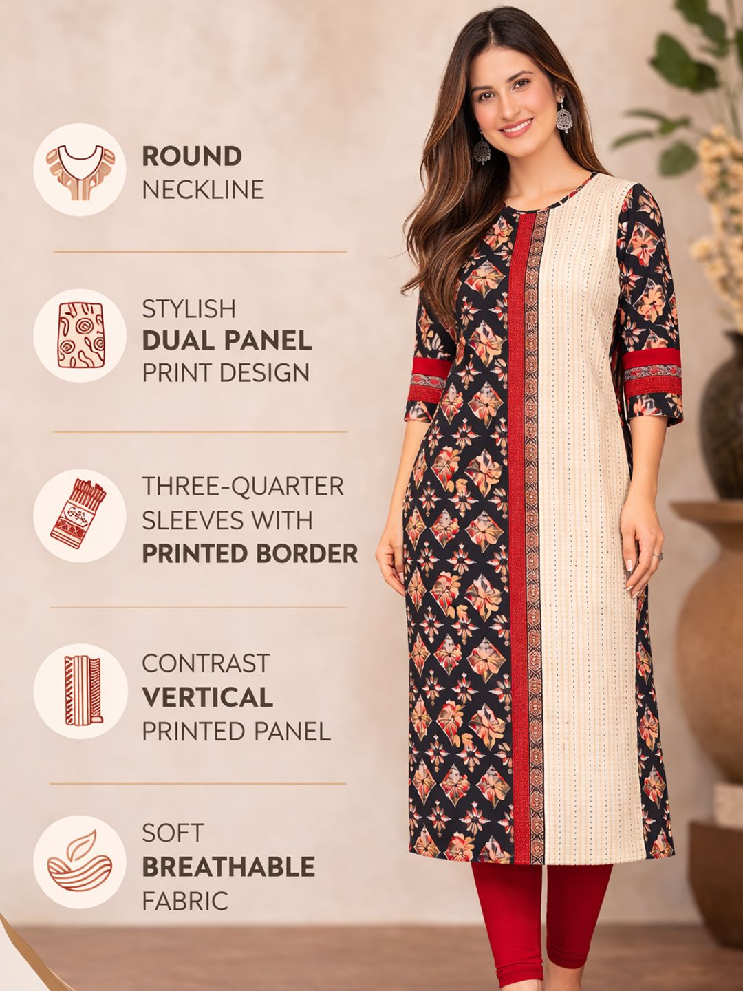 Beige Floral Print Cotton Kurta