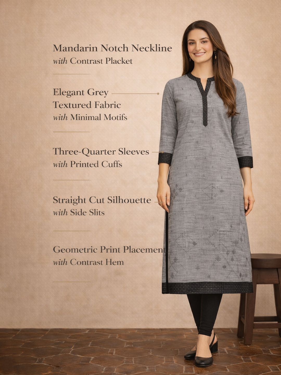 Grey Self Design Cotton Kurta