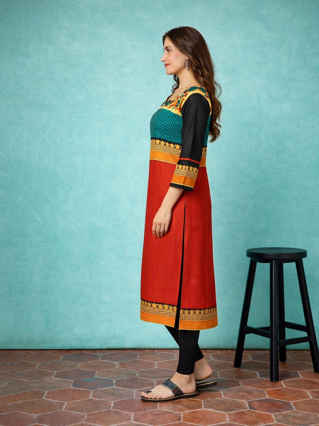Red Block Print Cotton Kurta