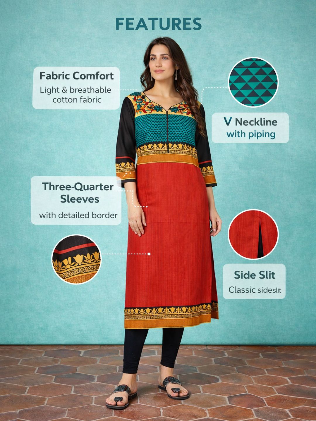 Red Block Print Cotton Kurta