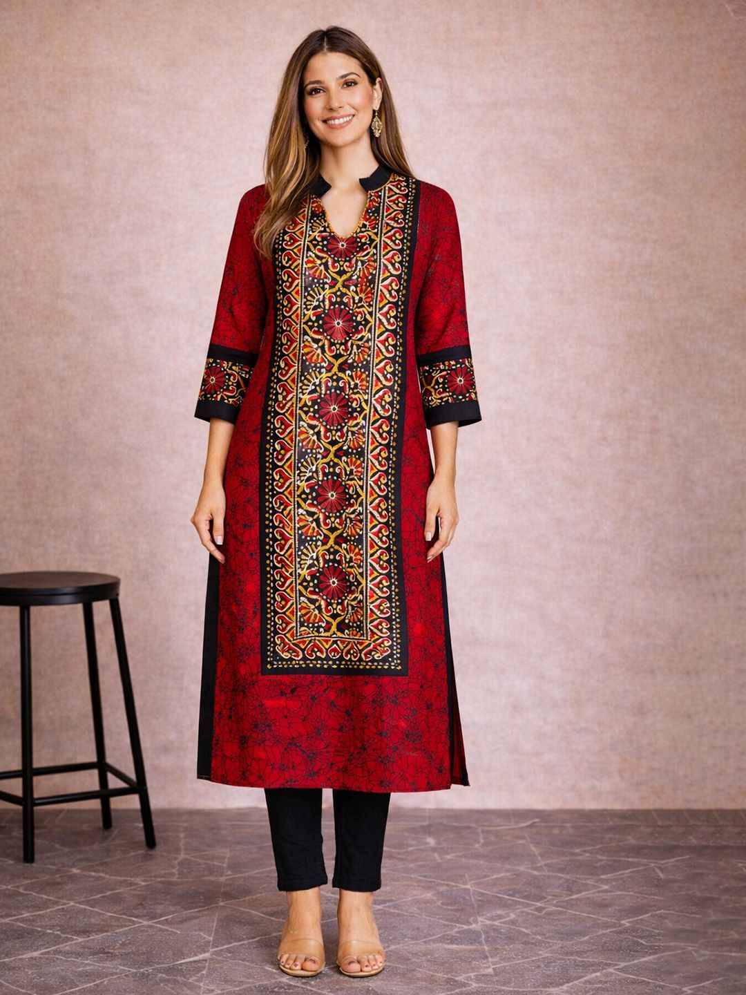 Jevi Prints Red Block Print Cotton Kurta