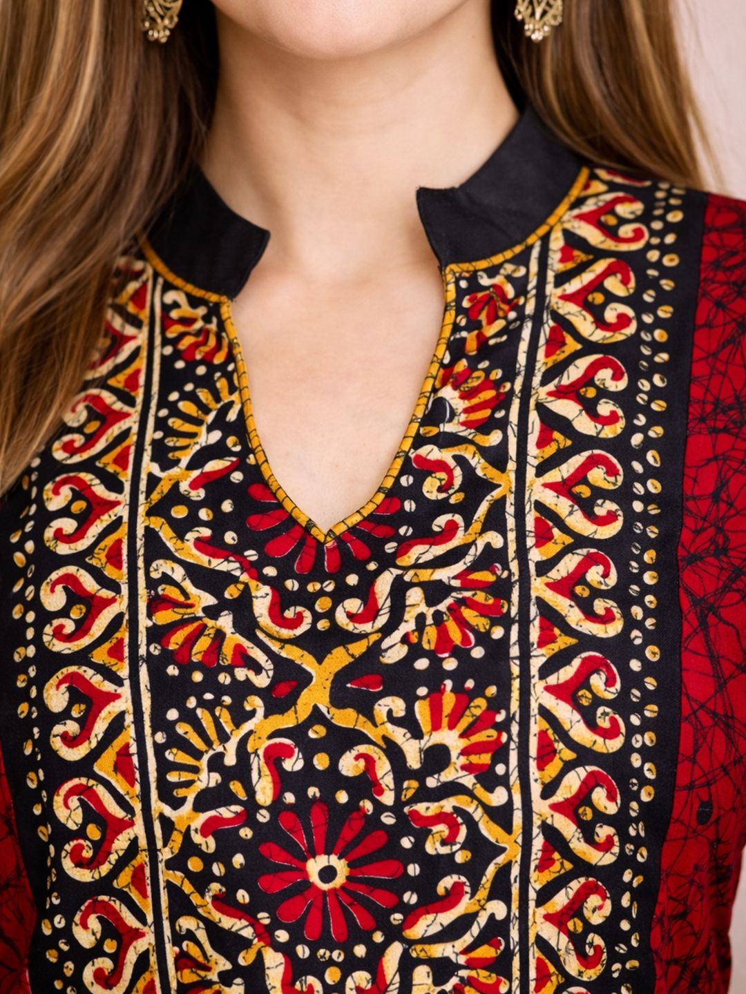 Red Block Print Cotton Kurta
