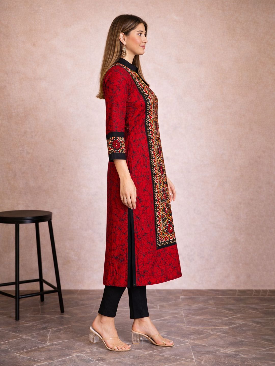 Red Block Print Cotton Kurta