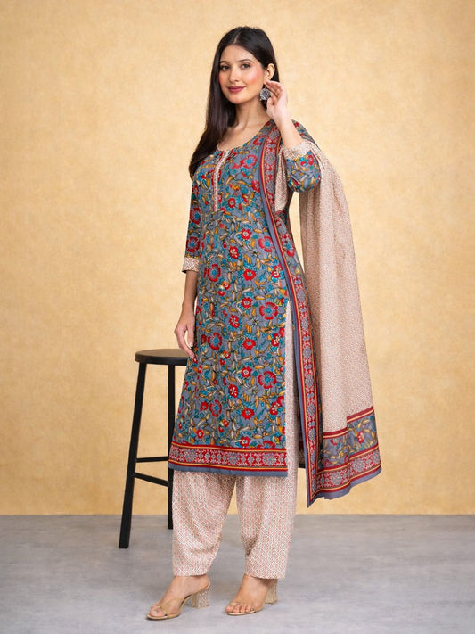 Grey Kurta, Patiala & Dupatta Set | Floral Print