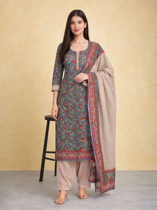 Grey Kurta, Patiala & Dupatta Set | Floral Print