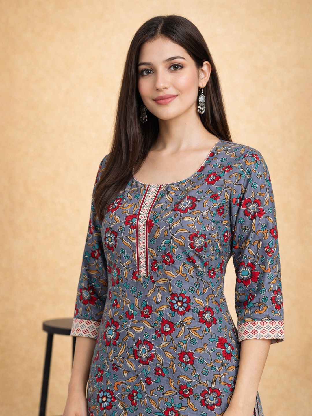 Grey Kurta, Patiala & Dupatta Set | Floral Print