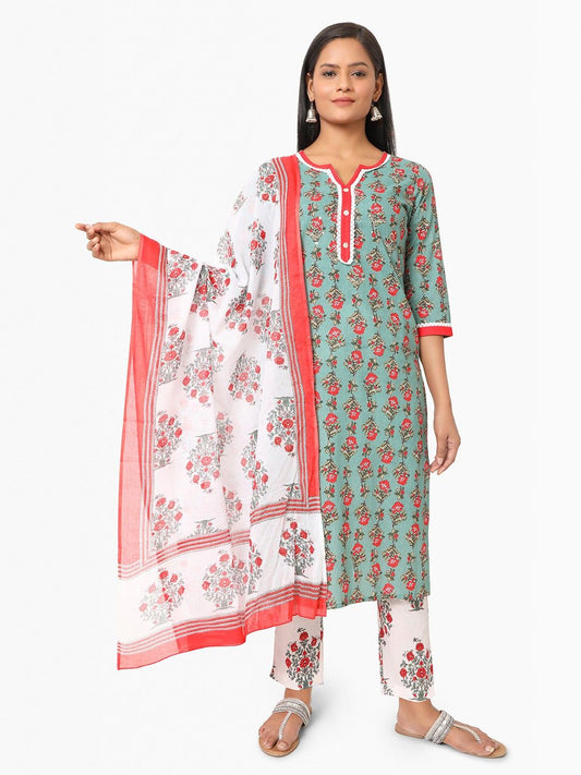 Green Kurta, Salwar & Dupatta Set | Floral Print