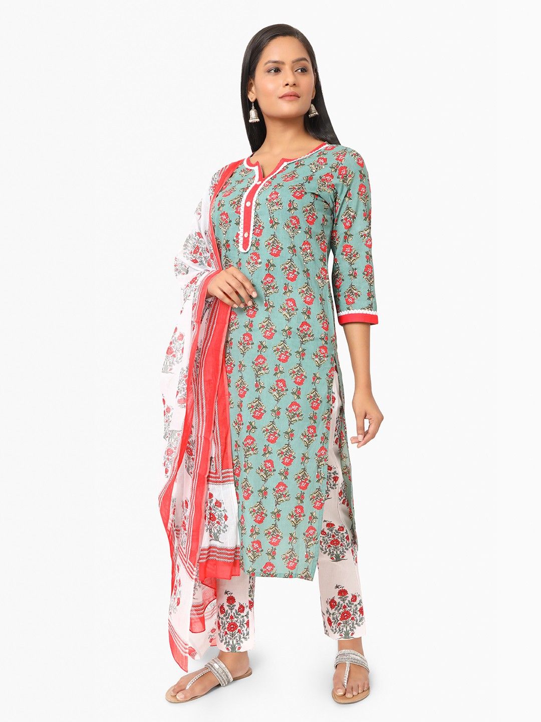 Green Kurta, Salwar & Dupatta Set | Floral Print