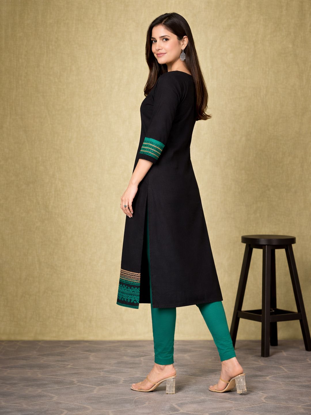 Black Block Print Cotton Kurta