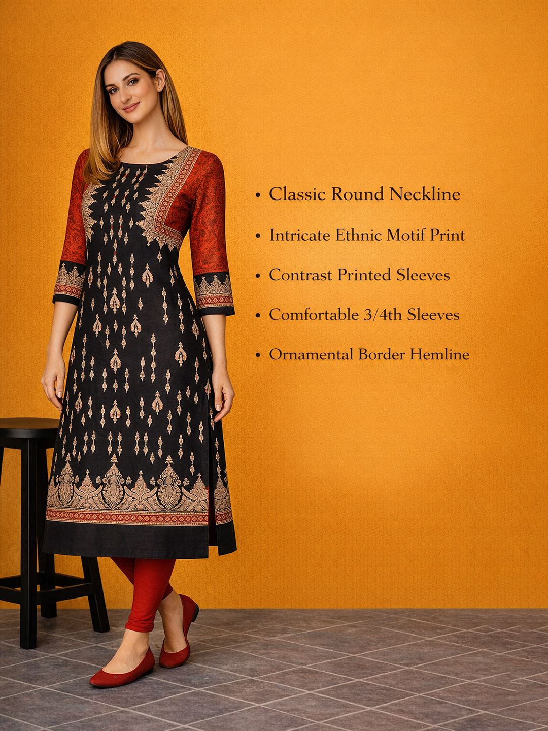 Black Block Print Cotton Kurta