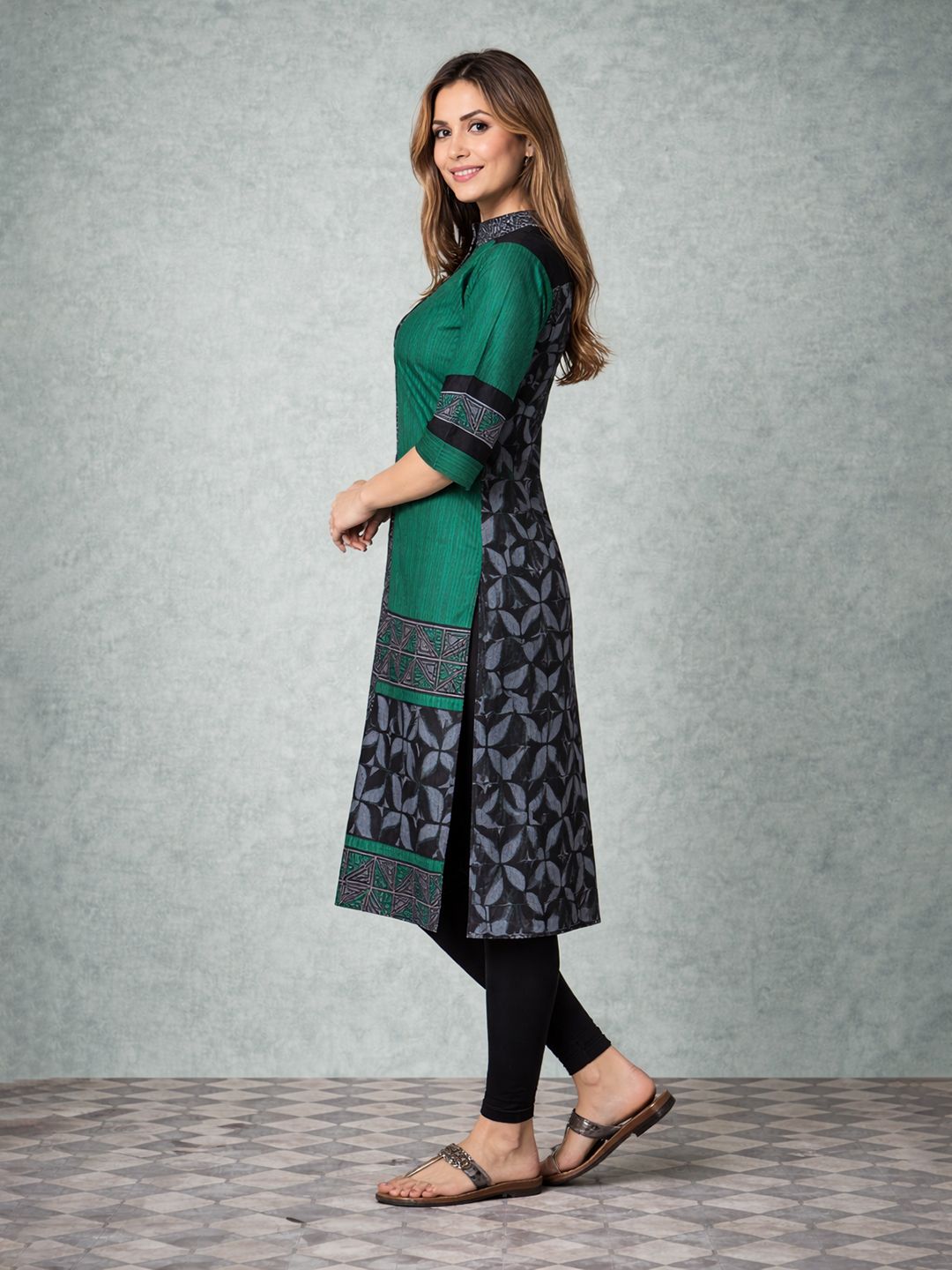Green Geometric Print Cotton Kurta