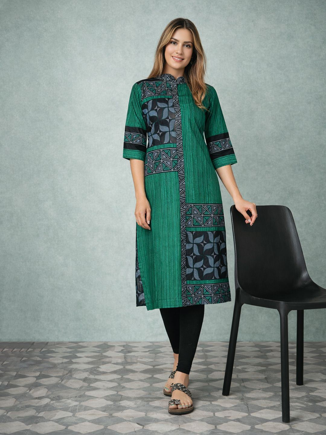 Jevi Prints Green Geometric Print Cotton Kurta