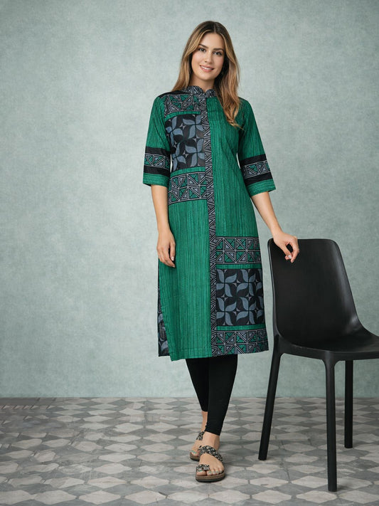 Jevi Prints Green Geometric Print Cotton Kurta