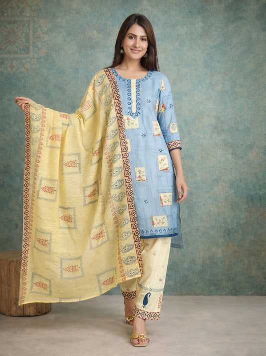 Grey Kurta, Patiala & Dupatta Set | Geometric Print
