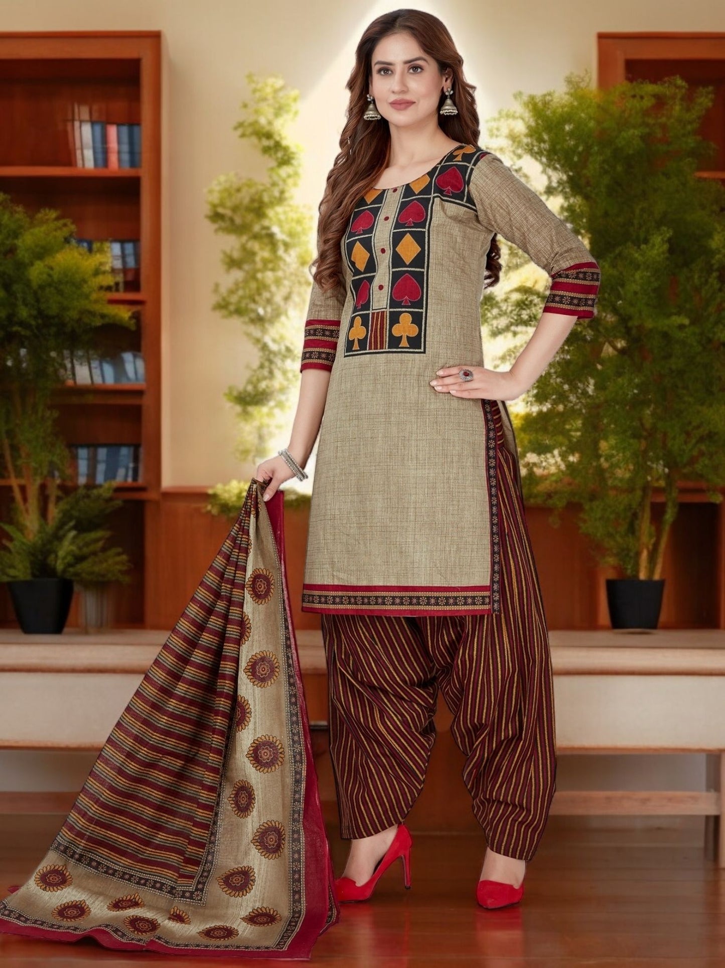 Beige Kurta, Patiala & Dupatta Set | Printed
