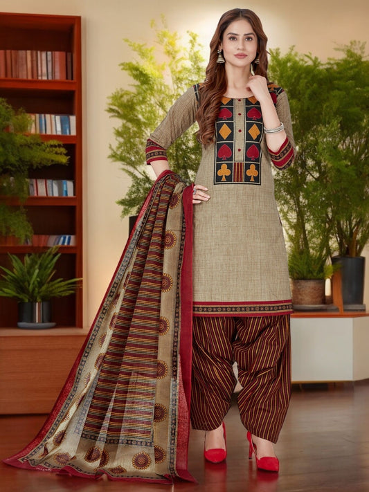 Beige Kurta, Patiala & Dupatta Set | Printed