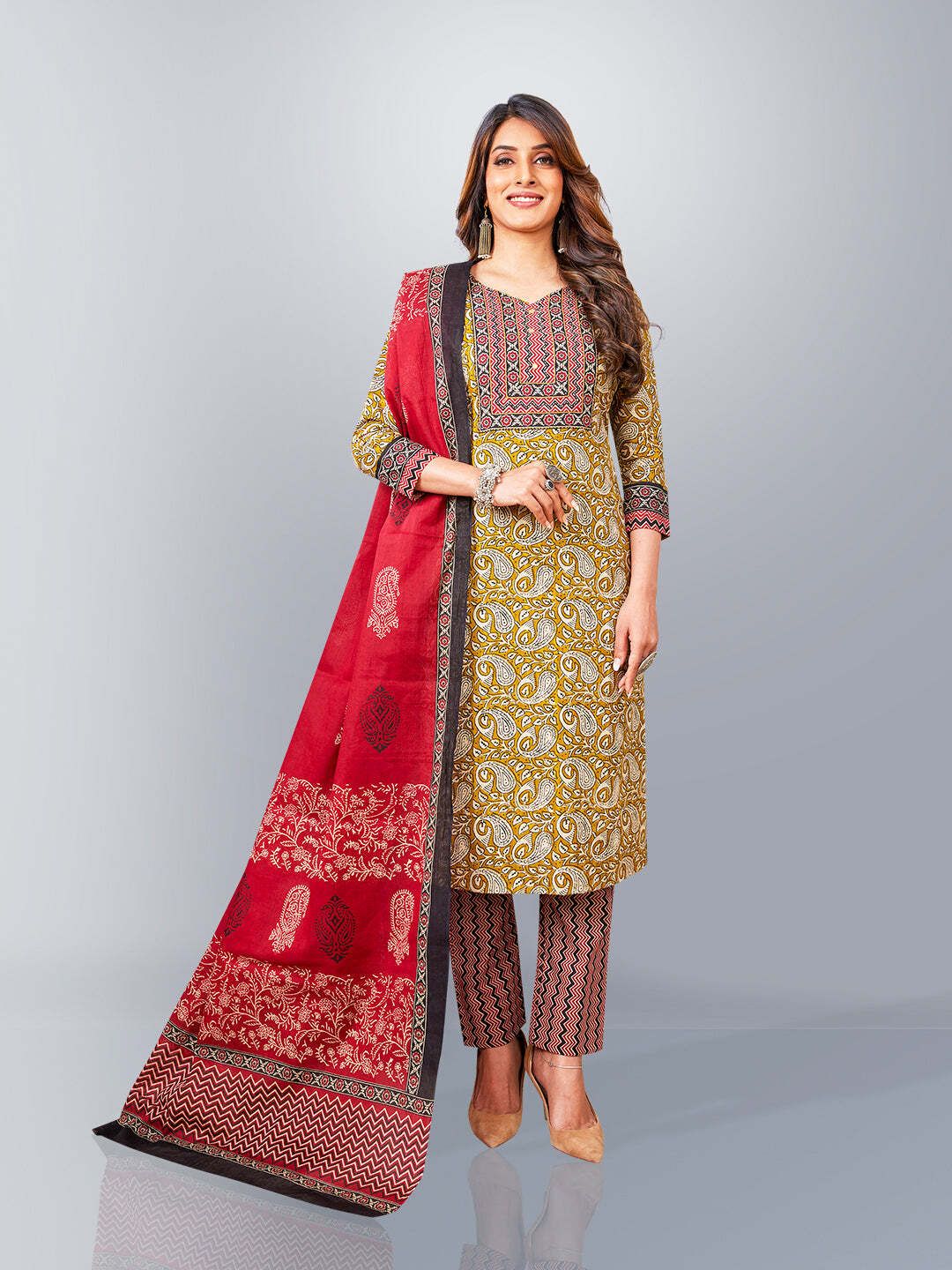 Brown Kurta, Trouser/Pant & Dupatta Set | Printed