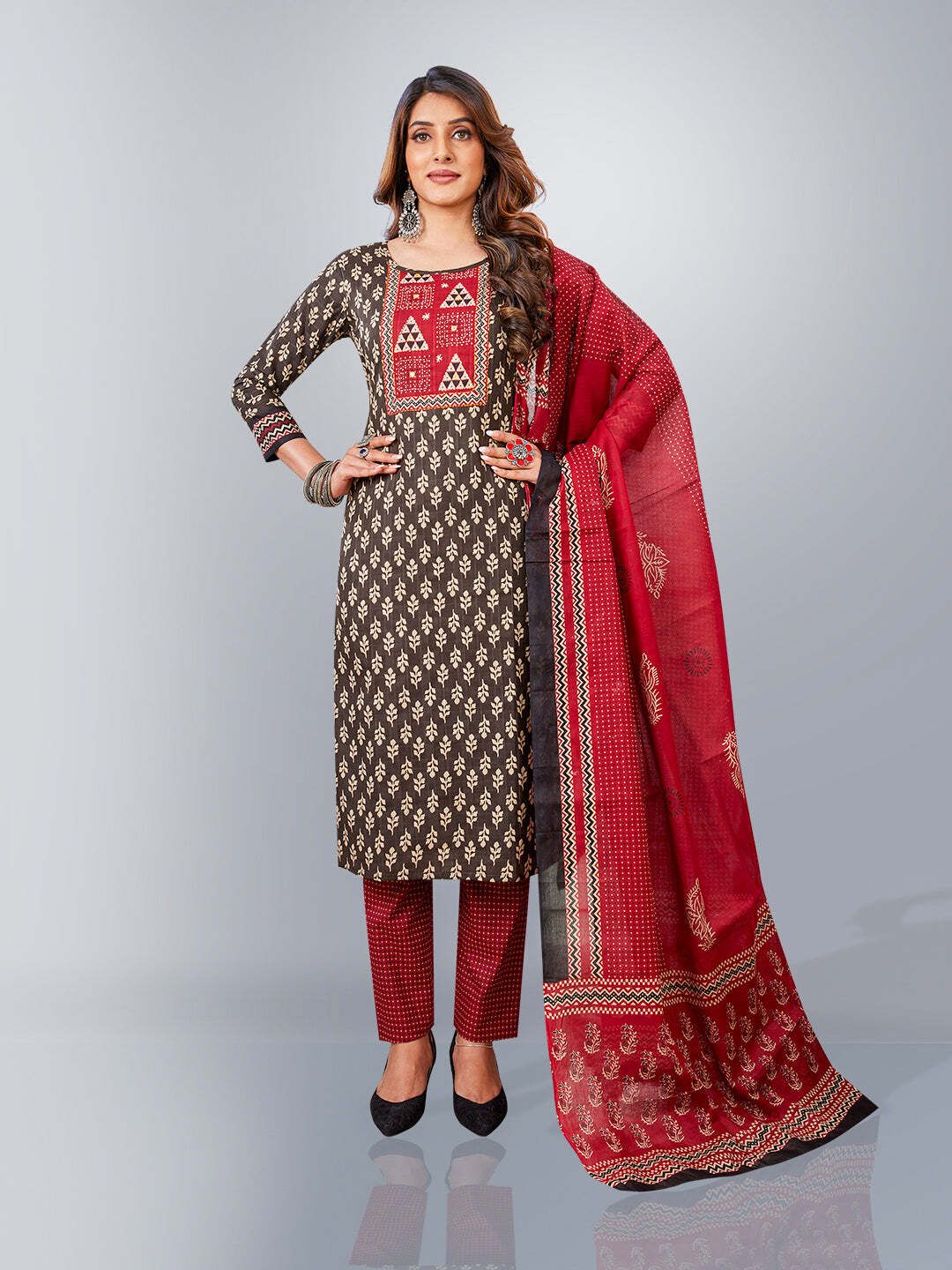 Brown Kurta, Salwar & Dupatta Set | Printed & Embellished