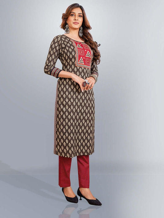 Brown Kurta, Salwar & Dupatta Set | Printed & Embellished