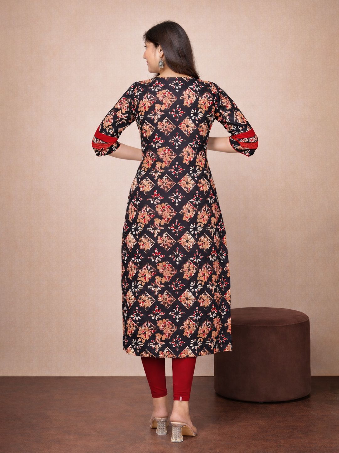 Beige Floral Print Cotton Kurta