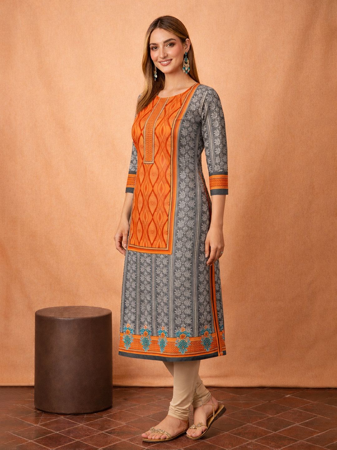Orange Block Print Cotton Kurta