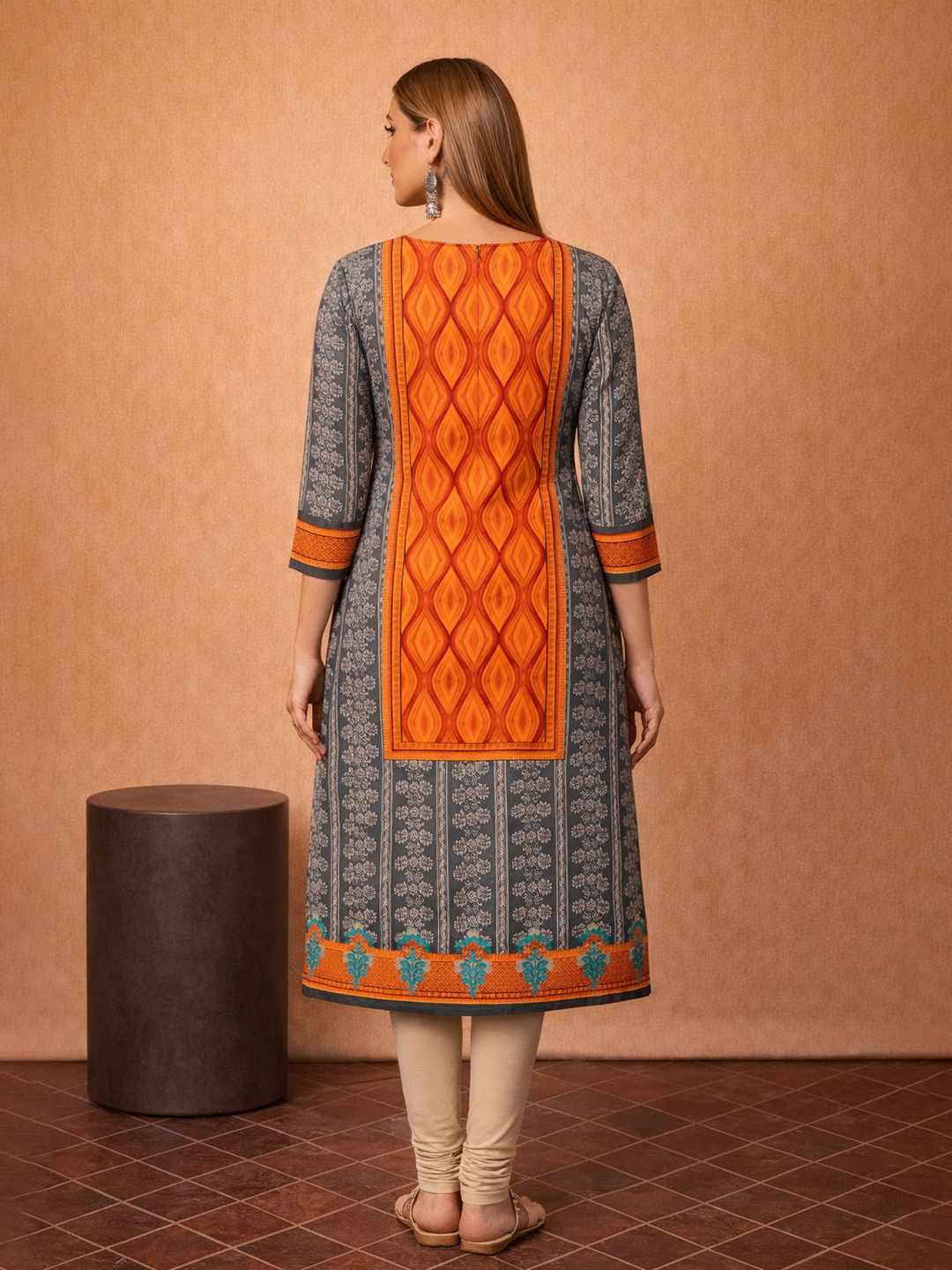 Orange Block Print Cotton Kurta