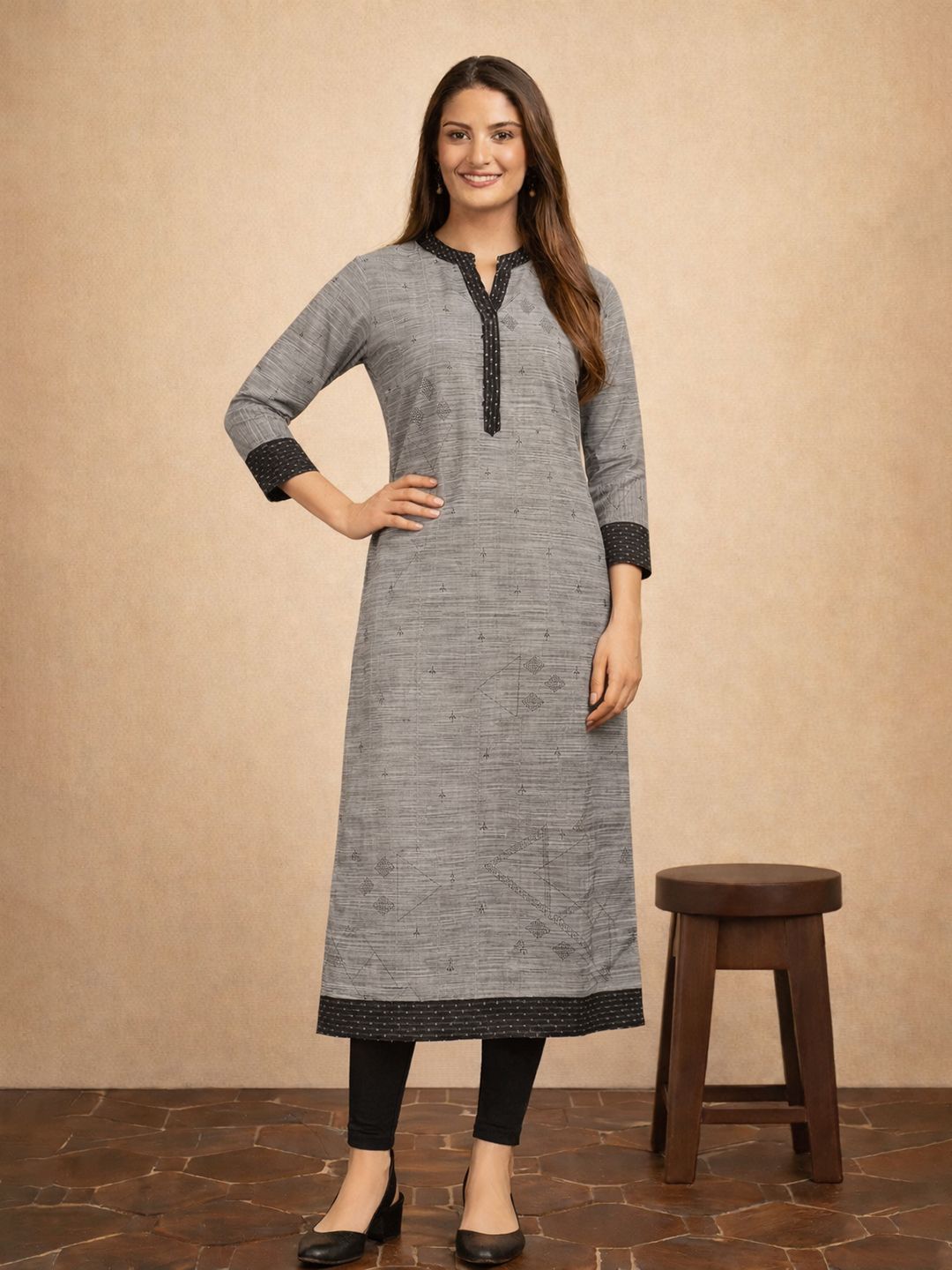 Jevi Prints Grey Self Design Cotton Kurta