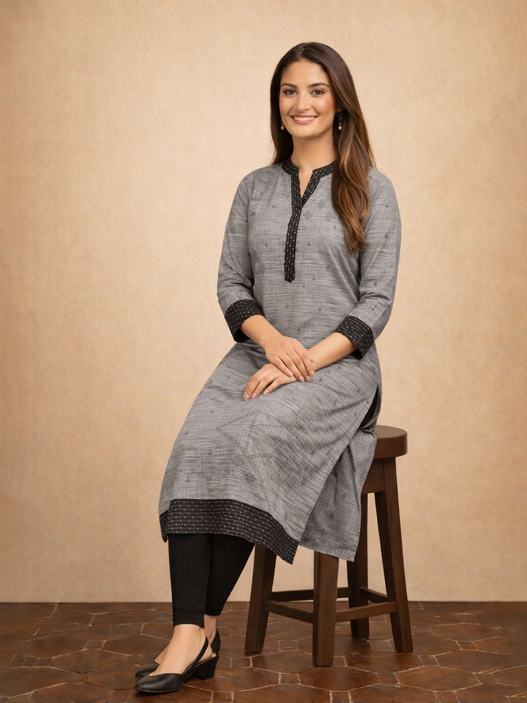 Grey Self Design Cotton Kurta
