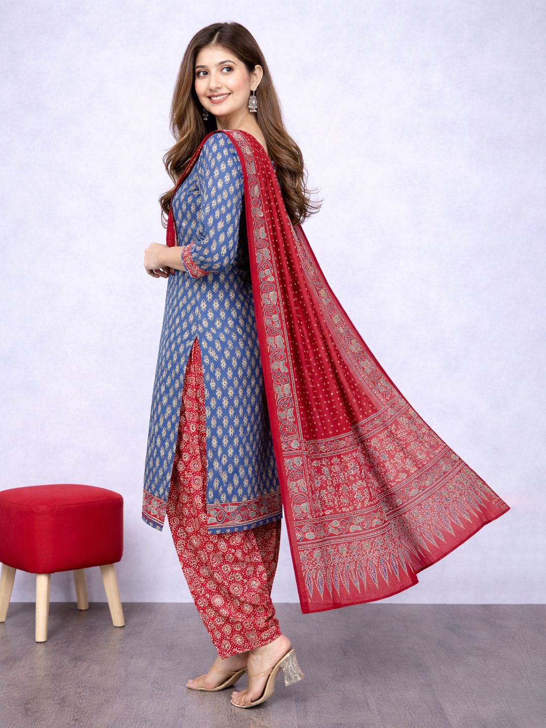 Blue Kurta, Patiala & Dupatta Set | Printed