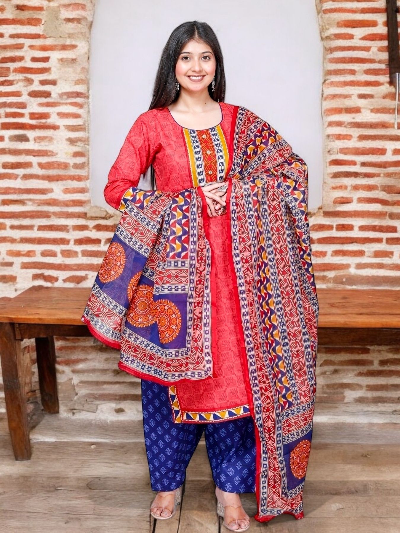 Red Kurta, Patiala & Dupatta Set | Self Design
