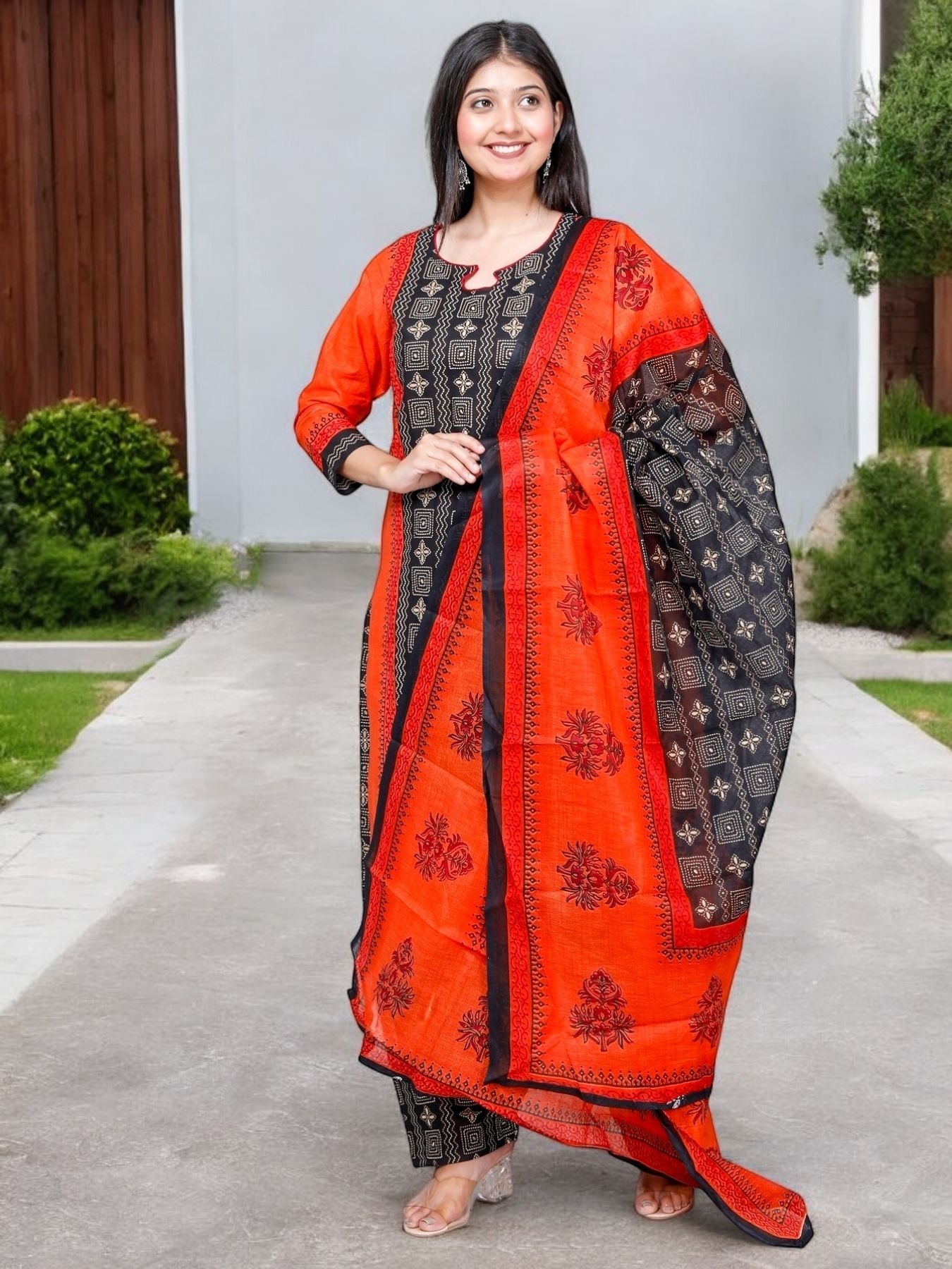 Orange Kurta, Patiala & Dupatta Set | Striped