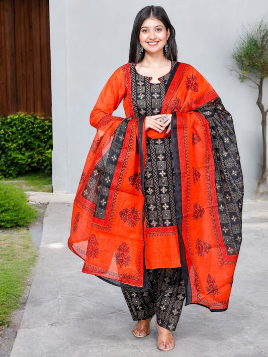 Orange Kurta, Patiala & Dupatta Set | Striped
