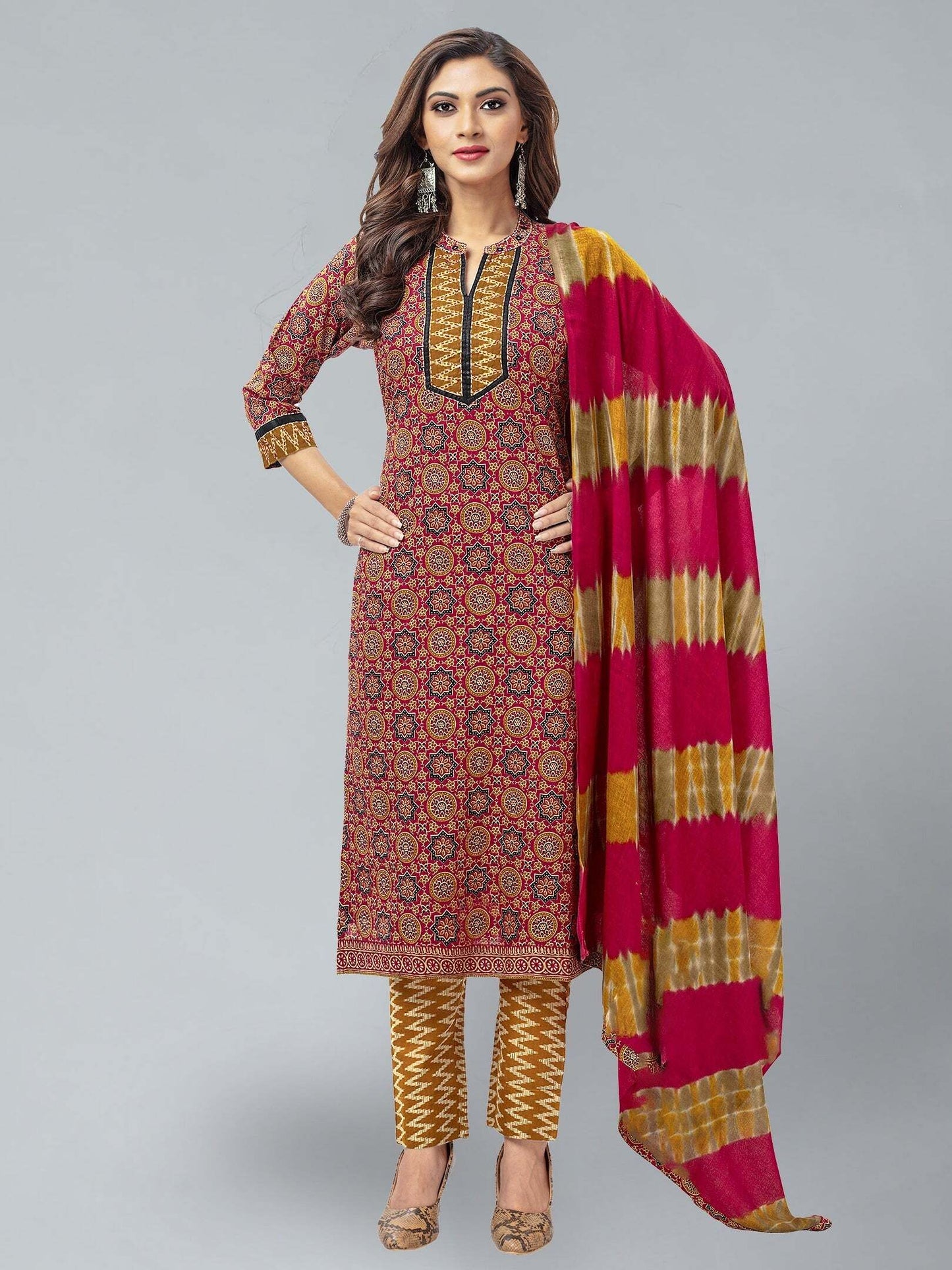 Red Kurta, Trouser/Pant & Dupatta Set | Printed