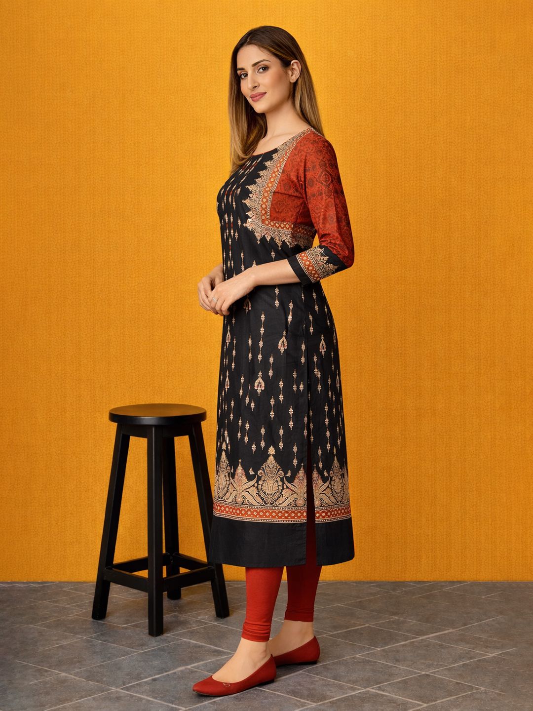 Black Block Print Cotton Kurta