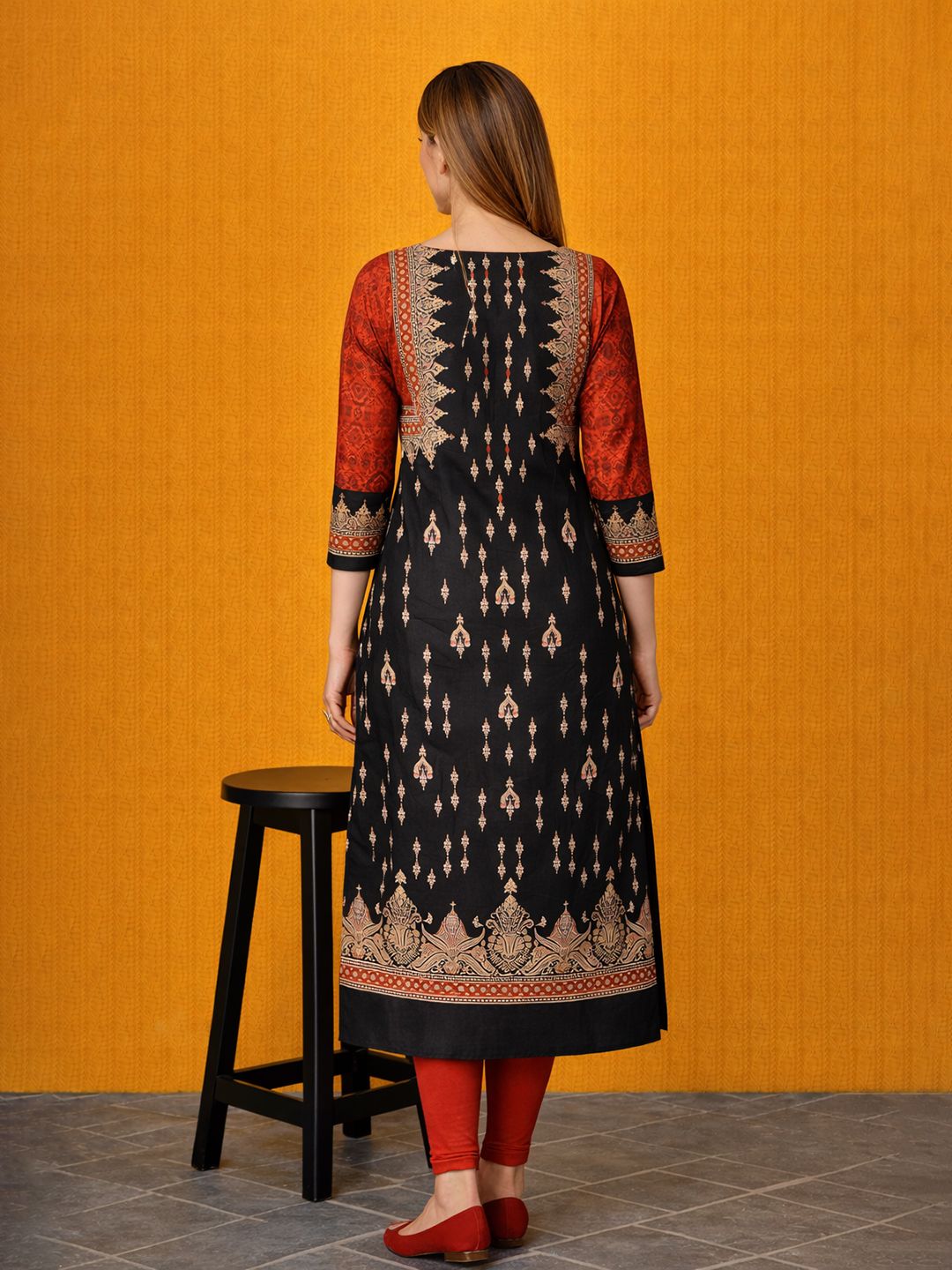 Black Block Print Cotton Kurta