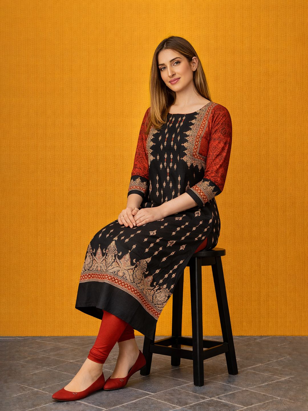 Black Block Print Cotton Kurta