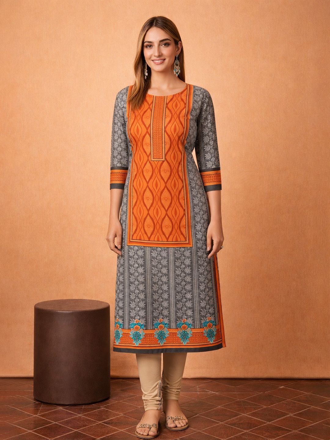 Jevi Prints Orange Block Print Cotton Kurta