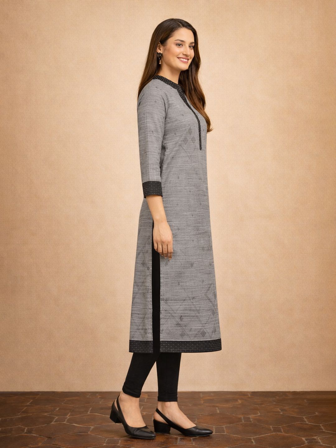 Grey Self Design Cotton Kurta