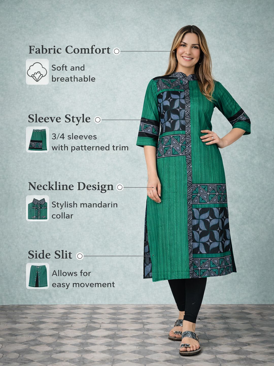 Green Geometric Print Cotton Kurta