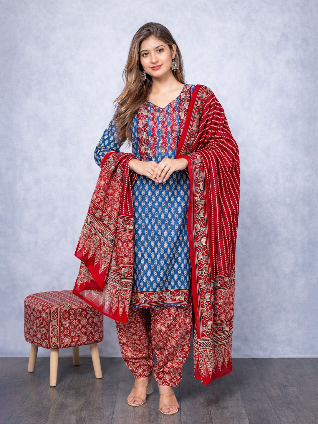 Blue Kurta, Patiala & Dupatta Set | Printed