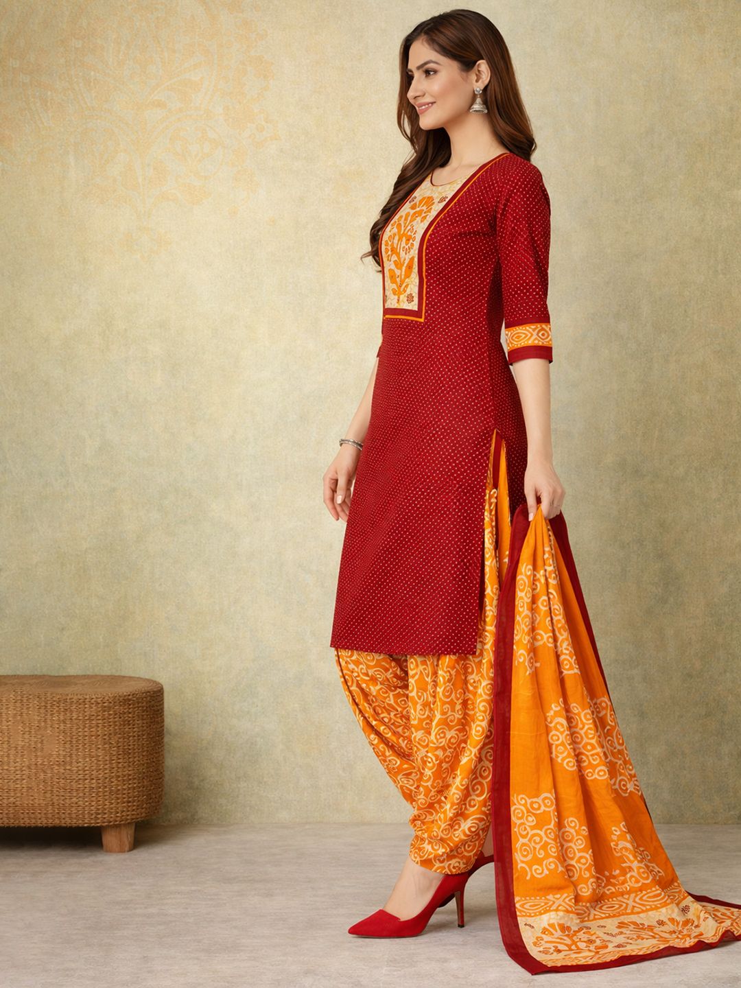 Red Kurta, Patiala & Dupatta Set | Polka Print