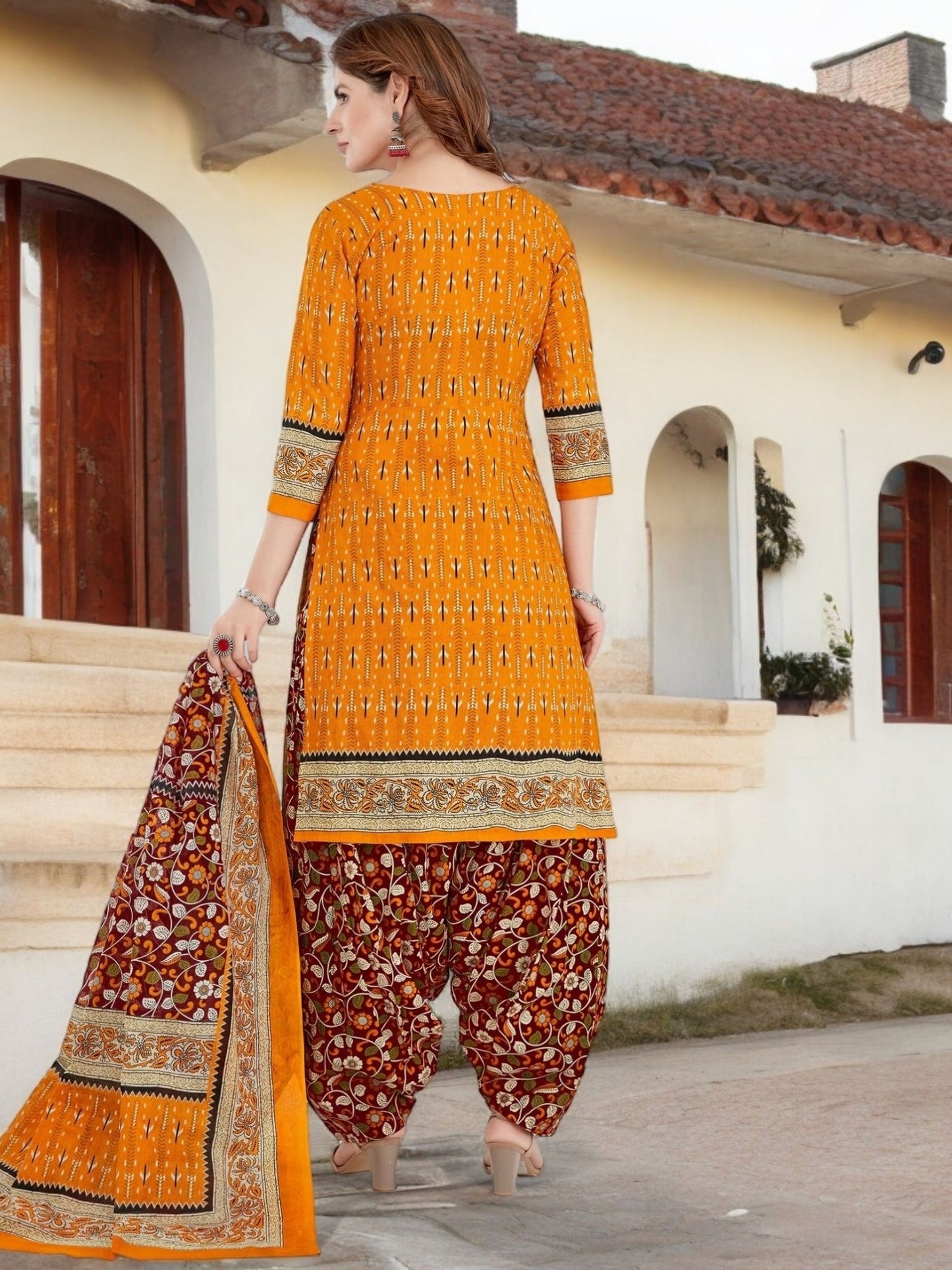 Orange Kurta, Patiala & Dupatta Set | Printed
