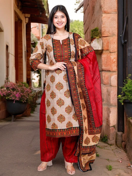 Beige Kurta, Patiala & Dupatta Set | Printed