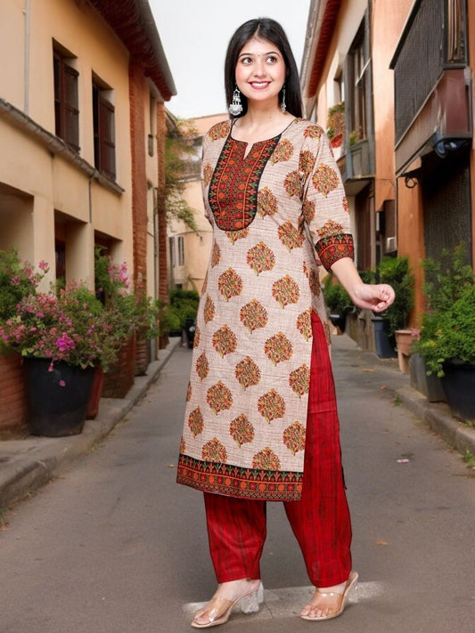 Beige Kurta, Patiala & Dupatta Set | Printed