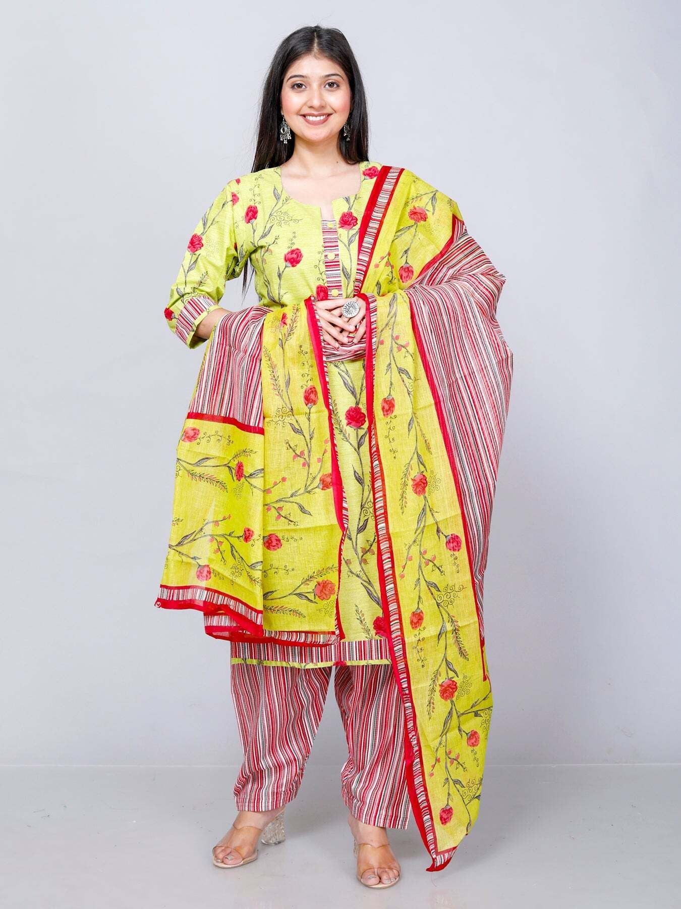 Mustard Kurta, Patiala & Dupatta Set | Floral Print