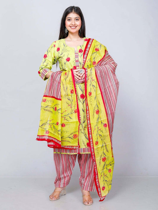 Mustard Kurta, Patiala & Dupatta Set | Floral Print