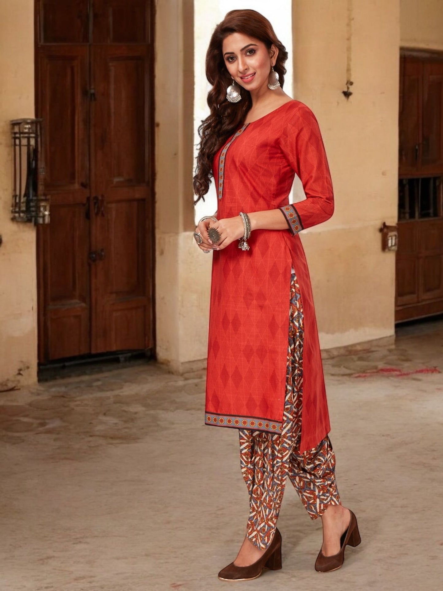 Red Kurta, Patiala & Dupatta Set | Striped