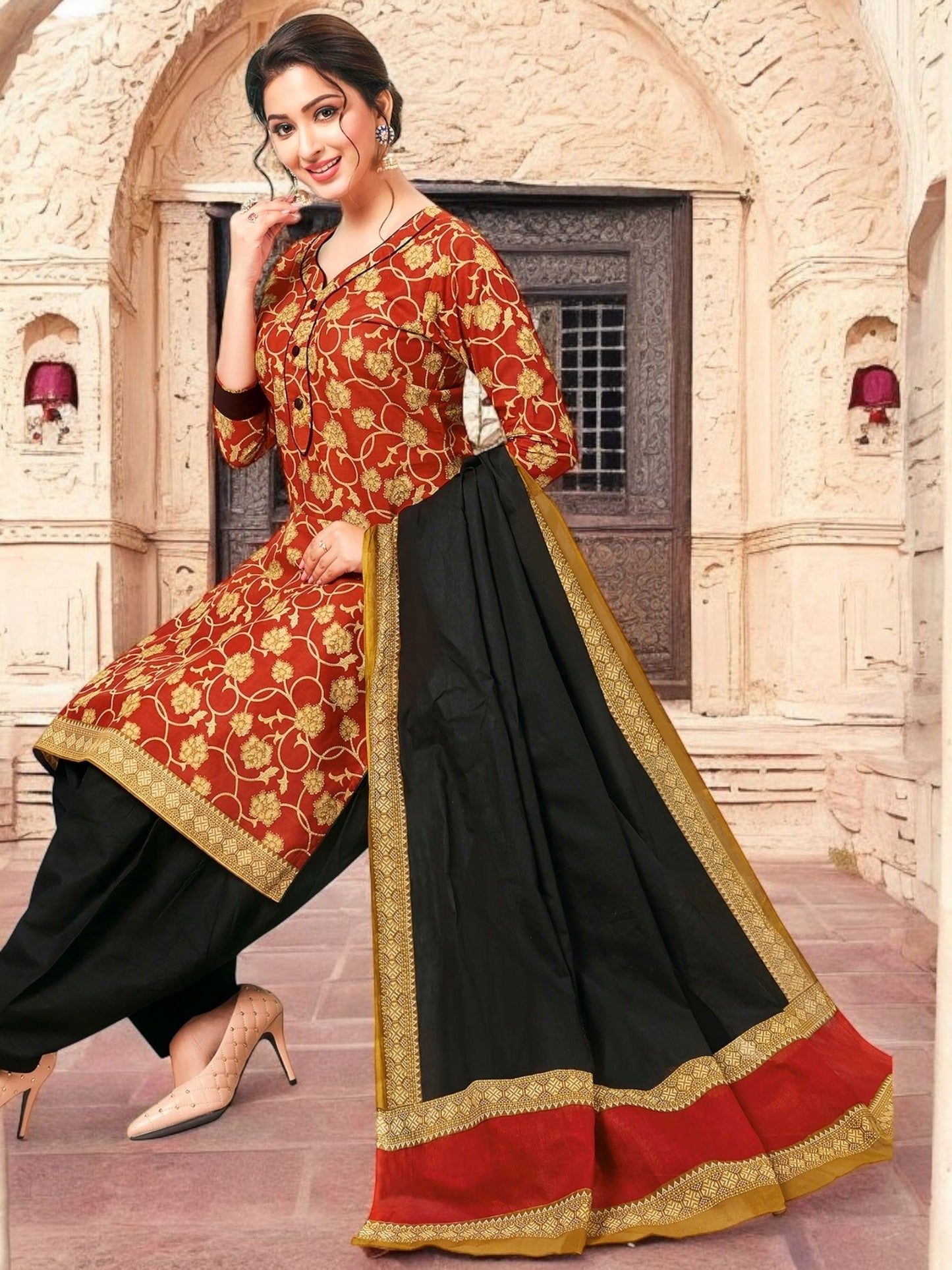 Red Kurta, Patiala & Dupatta Set | Floral Print